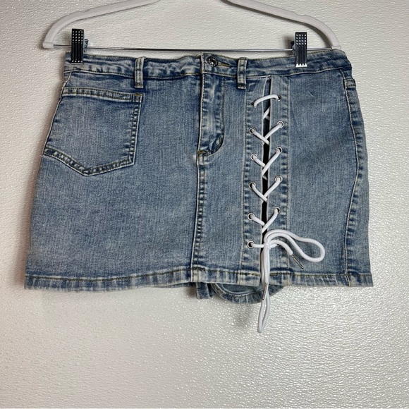 Casual Denim Short Skirt Lace-up Denim Skirt High Waist Hips-Wrapped Mini Skirt - Picture 3 of 14
